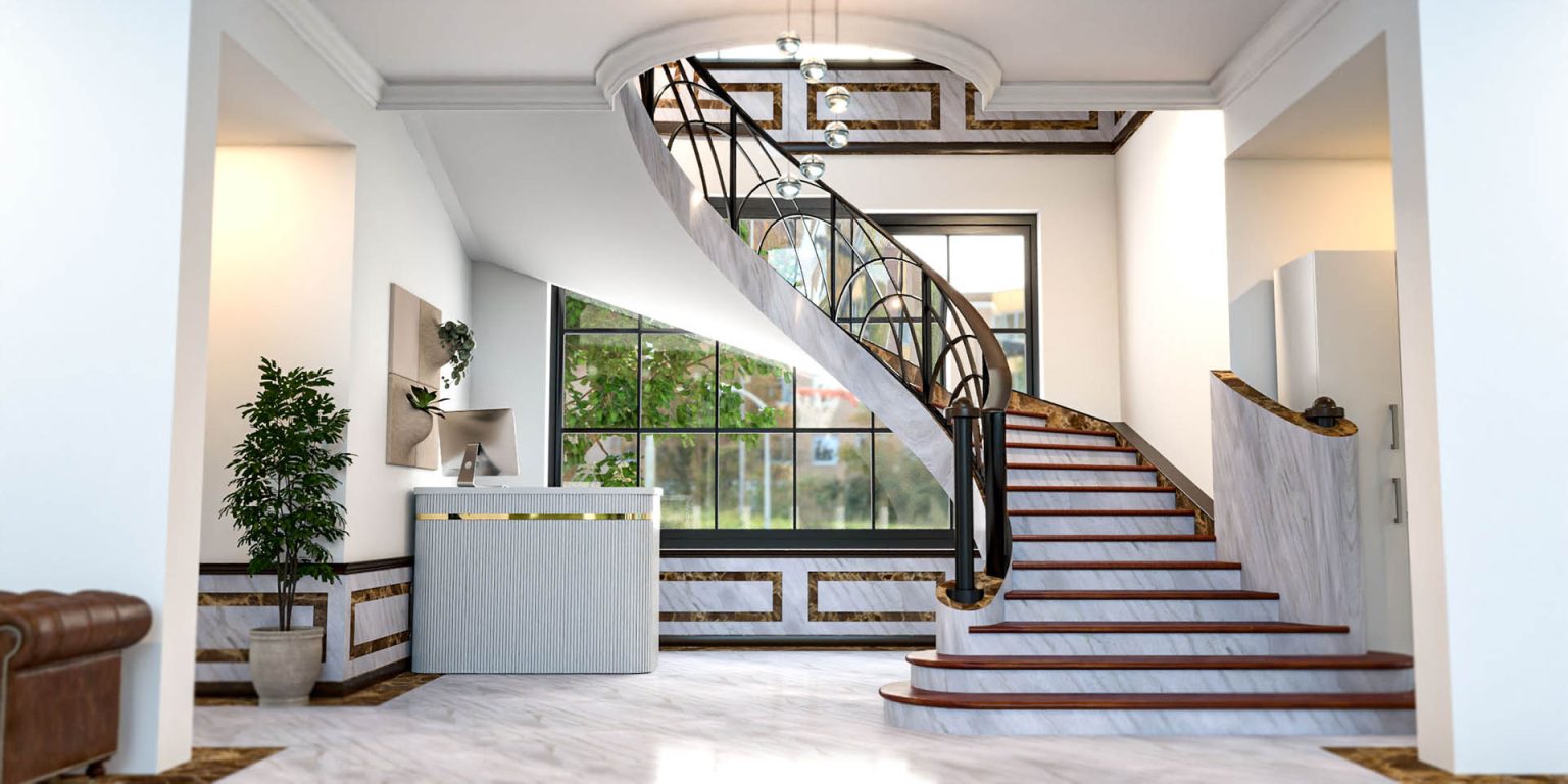 3D design and 3D rendering of a commercial spiral staircase project from LUXE3D