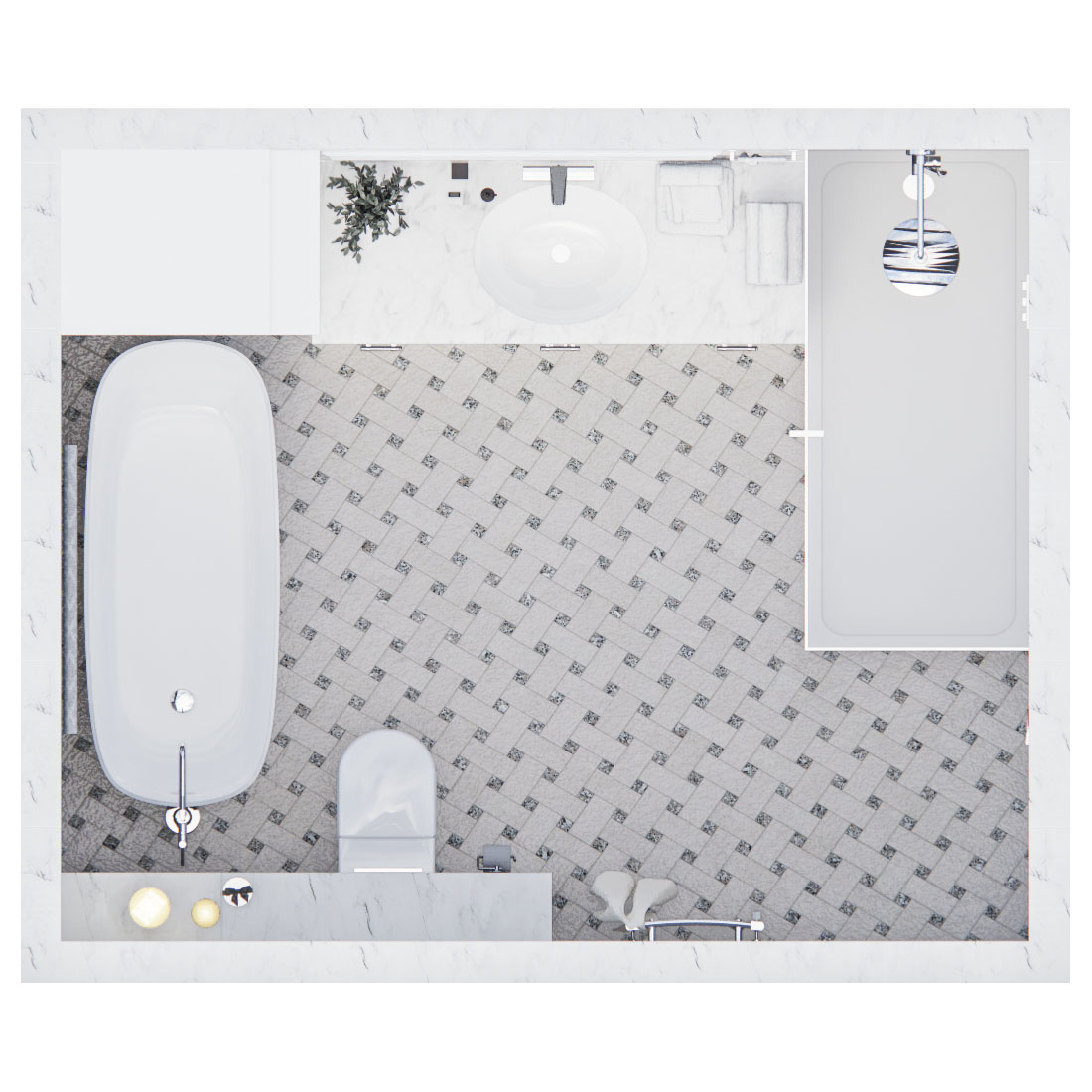 Floor plan of a 3D design and 3D rendering of a bathroom project from LUXE3D